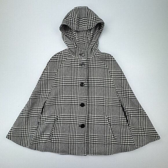 Talbots XS/S Hooded Houndstooth Cape Coat Black White Wool Blend New $199 - Picture 2 of 11